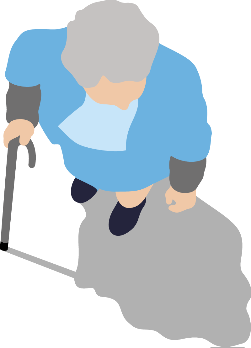 A graphic of an older woman with a walking stick