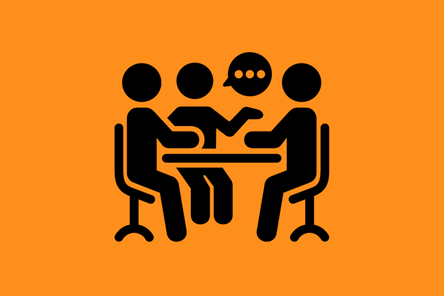 a graphic of 3 people sat at a table discussing